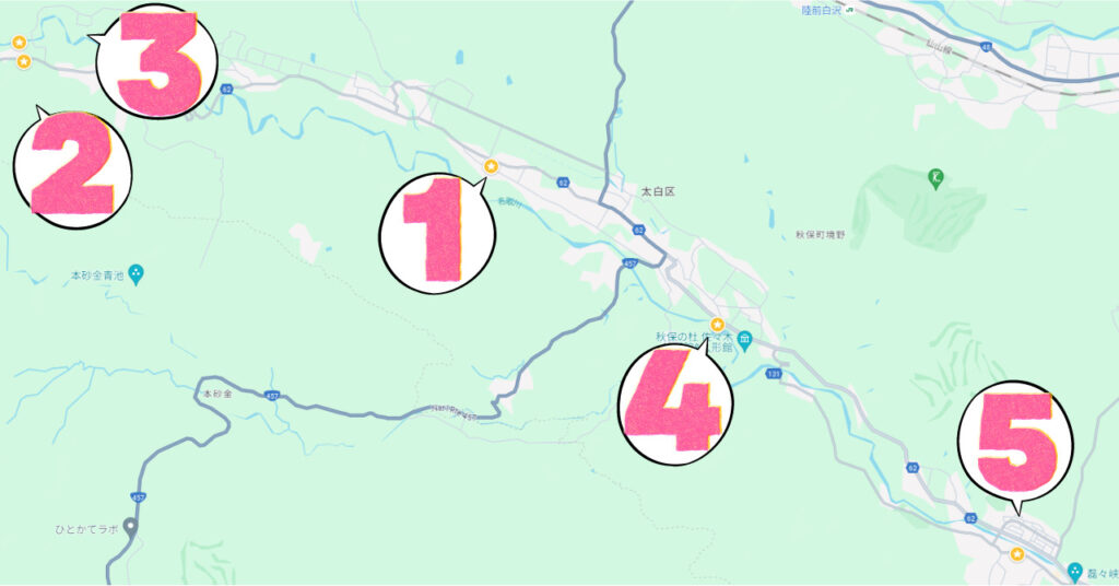 夏の秋保おすすめドライブコースのマップ